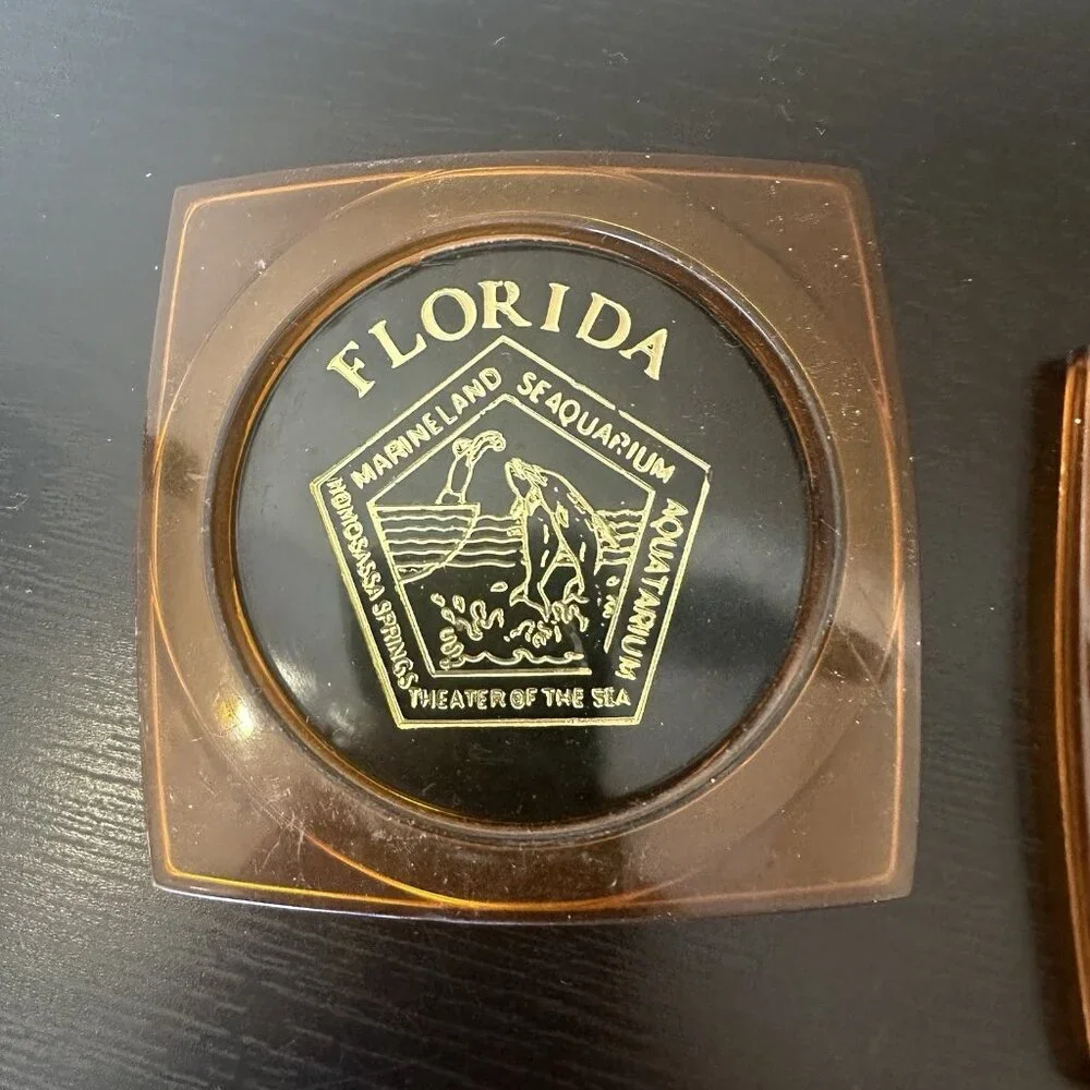 Vintage‎ Amber Plastic Florida Map Souvenir Coasters Made in Hong Kong